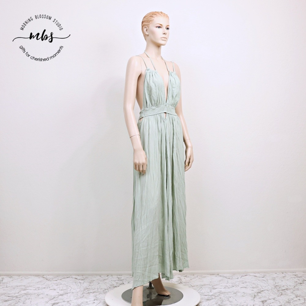 NWT Hersy Boho Chic Deep V Strappy Back Maxi Dress Green Women L